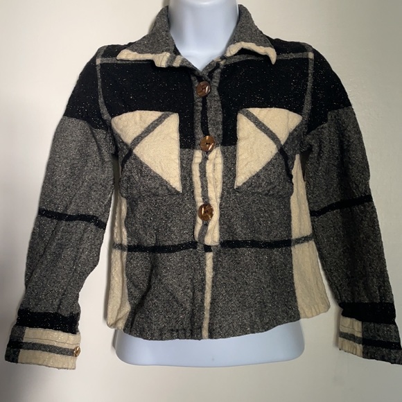 Donna Mizar wool cropped plaid 3/4 sleeve 3/4 button down front pockets top 40 - Picture 2 of 8